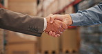 Industrial, handshake and business men teamwork at warehouse with success and agreement. Civil engineering, company development and shaking hands with partner and planning for professional project