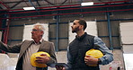 Industrial, business men and factory with management, logistics and manufacturing planning in a warehouse. Distribution, inspection and leader working with talk and inventory conversation with staff
