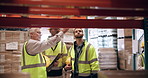 Senior man, team and discussion with engineer for inventory inspection, storage or shelves at warehouse. Male person, CEO or contractor talking with group, clipboard or stock in logistics at depot