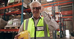 Logistics, warehouse and portrait of man with glasses for inventory management, inspection and distribution. Smile, face and mature person in factory for quality control, trust and pride in export