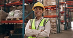 Distribution, warehouse and portrait of woman with confidence for inventory management, inspection and logistics. Smile, face and girl in factory for quality control, trust and pride in export safety