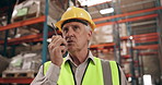 Senior man, logistics and radio for communication in warehouse, inventory management and distribution. Inspection, supply chain and delivery industry with walkie talkie for quality assurance