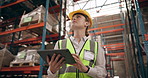 Logistics, warehouse and woman with tablet thinking for inventory, online planning and inspection. Digital app, report and person in factory for quality control, checklist and distribution management
