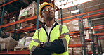 Thinking, warehouse and inspection for black man, inventory 
and logistics for shipping factory. Industrial, supply chain and cargo for distribution with male worker, safety and storage for freight 