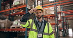 Man, helmet and portrait in distribution warehouse for shipping, delivery and supplier with pride or confidence. Logistics, supply chain and employee for courier or cargo, professional and export