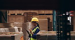 Shelf, warehouse and woman with tablet for inventory, online planning and logistics for distribution. Digital app, inspection and girl in factory for quality control, checklist and export management