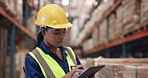 Logistics, warehouse and woman with tablet for checklist, online planning and inspection for distribution. Digital app, report and girl in factory for quality control, inventory and export management