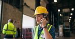 Industrial, factory and angry woman with phone call problem and stress from logistics and inventory error. Distribution, employee and frustrated from export inspection at warehouse with conversation