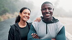 Portrait, nature and smile for fit couple, exercise and mountain with mist in morning. Face, laugh and happy man and woman training partners, fitness and outdoor sports for marathon or hiker athlete 