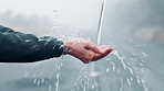 Hands, water splash and person outdoor for sustainability, health and hygiene with handwashing, fresh and clean. Liquid, mineral and wellness with drops, waterfall for cleanliness and natural