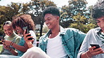 Phone, happy and friends laugh in park at university for social media, networking and online chat on bench. College, campus and men and women on smartphone for funny website, internet meme and text