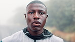 Man, portrait and breathe in nature with runner, athlete for wellness and healthy fitness for body on outdoors jog. African male person, relax for energy in cardio workout, endurance for sport