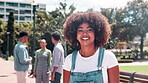 Woman, student and face for college pride, outdoors and smile for education at university. Black female person, portrait and laugh for humor on campus, funny joke and confident at school academy