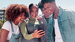 Smartphone, laugh and group of friends in park at university for social media, networking and online chat. College, campus and men and women with phone for funny website, internet meme and message