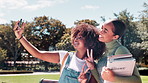 Happy woman, students and selfie with books in nature for memory, photography or outdoor moment. Young female person or friends with smile or peace sign for photo, capture or picture together at park