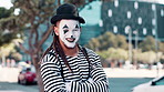 City, mime and face of man with crossed arms for confidence, pride and happy facial expression. Theatre, street performer and portrait of person with mask for performance, entertainment and comedy