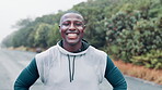 Black man, face and happy with running for fitness or workout for healthy living in California. Portrait, satisfied and smile with dedication and motivation for wellbeing or wellness with exercise
