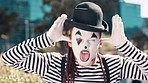 City, mime and face of man with tongue out for funny joke, humor and crazy facial expression. Theatre, street performer and portrait of person with mask for performance, entertainment and comedy