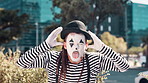 City, mime and face of person for funny joke, humor and crazy facial expression with tongue out. Theatre, street performer and portrait of man with mask for performance, entertainment and comedy