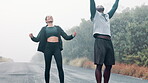 Running, celebration and couple outdoors and exercise, park and nature in morning mist. Training, fitness and high five or sports for man and woman partner, cardio and joy for wellness and health