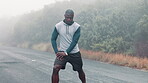 Black man, forest and stretching with cardio to exercise for fitness, dedicated and commitment Atlanta. Workout, jogging and active with sportswear for health living or wellness and wellbeing.

