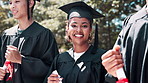 Happy woman, student and graduation with certificate at ceremony for education, qualification or future. Portrait of young female person or graduate with smile for diploma, paper or degree at outdoor
