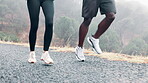 Legs, running and couple outdoors and exercise, park and nature in morning mist. Training, fitness and mountains or sports for healthy for man and woman partner, cardio or run for wellness and health