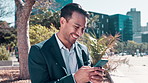 Business, outdoor and man with cellphone, funny and online reading for financial blog and social media. Person, accountant and broker with smartphone or laugh with email notification, comedy or humor