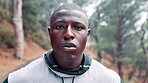 Man, exercise and breathe in nature portrait with athlete, wellness and healthy fitness for body in outdoors with runner. African male person, relax for energy in cardio workout, endurance for sport