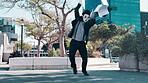 Man, walk and fall as street mime or performer with paper for circus and performance in downtown New York. Outdoor, comedy and funny on costume or face paint as artist for stunt with paperwork.