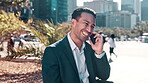 Phone call, talking and cellphone for businessman, city and street for communication. Technology, conversation or talk for male Japanese lawyer, professional or network with smartphone in urban Japan