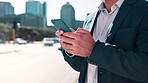 City, texting and smartphone for businessman, urban and typing for social media or communication. Hands, mobile and online for conversation on phone, chat and networking or connection for business  