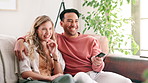 Love, video or watching tv with couple on sofa in home living room together for subscription entertainment. Smile, television or streaming movie with happy young man and woman in apartment to relax