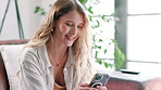 Woman, cellphone and laughing for internet at home for digital communication, networking or scroll. Female person, sofa and smartphone or reading social media in apartment or relax, search or online