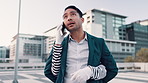 Communication, thinking and businessman on a phone call in city for networking and contact. Idea, guess and professional male person with mime arms on mobile conversation with cellphone in urban town
