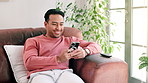 Phone, thinking and happy man on sofa in home for social media, network or reading email. Smartphone, dream and smile of person on couch for internet, website and scroll on mobile app in living room