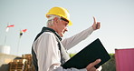 Thumbs up, industry and senior engineer on site working with clipboard on repair or maintenance. Happy, foreman and mature construction worker with satisfaction or agreement hand gesture for building