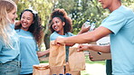 Volunteering, donation or people with teamwork at park with water, collection or community service. NGO, support and student friends celebrating earth day with charity, help or aid for poverty relief