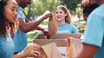 Happy woman, volunteer and group with box for food donations, charity NGO or community service in nature. Diversity or society with smile for parcel, package or packing grocery bags at outdoor park
