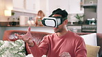 Man, headset and virtual metaverse in home for futuristic technology or gamer streaming, living room or interactive. Male person, hands and esports simulation for user entertainment, online or lounge
