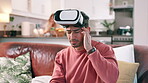 Asian man, relax and sofa at home with vr glasses for metaverse, futuristic connection and headache of overstimulation. Person, digital eyestrain and technology fatigue with virtual reality headset.