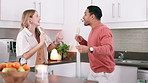 Happy couple, singing and dancing in kitchen with love, candle and romantic for date on weekend. Interracial marriage, care and fun for dinner on holiday and bonding together for anniversary in house