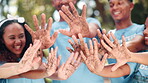 Volunteers, hands and dirt with group, nature and environmental care for cleanup. NGO, teamwork and support for sustainable, recycling and green collaboration for charity service or earth day project