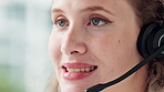 Call center, consultant and closeup with headset in office for crm support, telemarketing and discussion. Woman, microphone and tech with communication for ecommerce, consultation or help with client