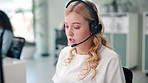 Customer service, headset and woman consultant in office talking for online ecommerce consultation. Discussion, technical support and female call center agent speaking for crm contact at workplace.