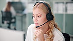 Call center, customer service and woman consultant in office talking for online ecommerce consultation. Discussion, headset and female technical support agent speaking for crm contact at workplace.
