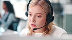Call center, customer support and woman consultant in office talking for online ecommerce consultation. Discussion, headset and female telemarketing agent speak for crm contact service at workplace.