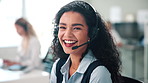 Call center, face and woman consultant in office talking for online ecommerce consultation. Discussion, technical support and portrait of female customer service agent speaking for crm at workplace.