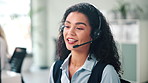 Call center, smile and woman consultant in office talking for online ecommerce consultation. Discussion, technical support and female customer service agent speaking with headset for crm at workplace