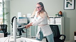 Baseball bat, smash and business woman with desktop in office for frustration, stress and mistake. Angry, fail and professional person hitting technology computer with sports equipment in workplace.